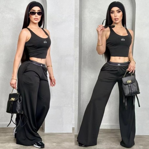 Tank top embroidered wide leg pants two-piece set