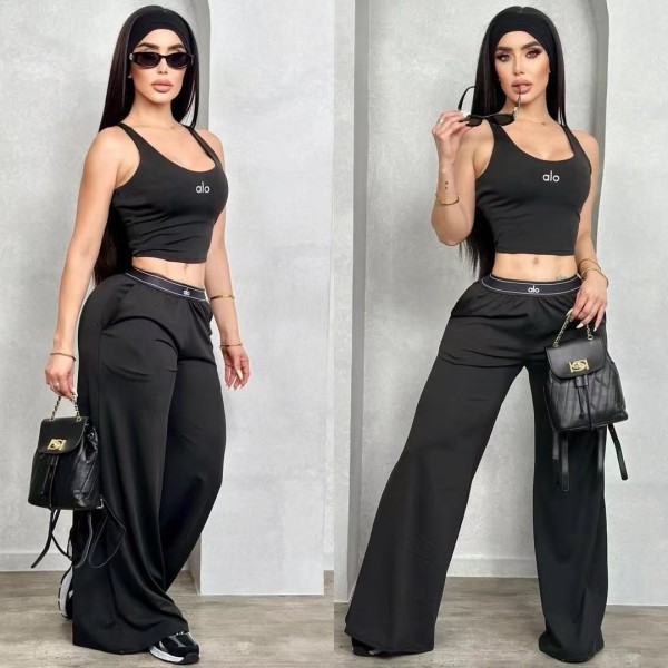 Tank top embroidered wide leg pants two-piece set