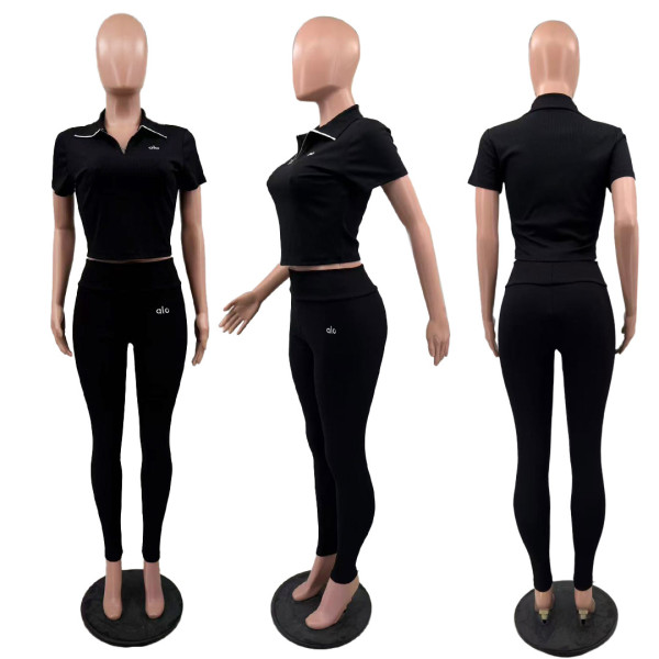 Threaded yoga suit POLO collar embroidery two-piece set