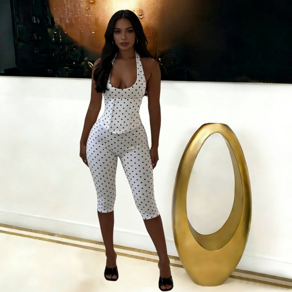 Hanging neck polka dot fishbone zipper waist cinching seven part jumpsuit (fake two-piece set)