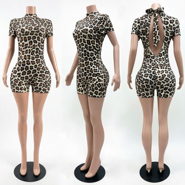 High impact patch leopard print backless patchwork strap jumpsuit
