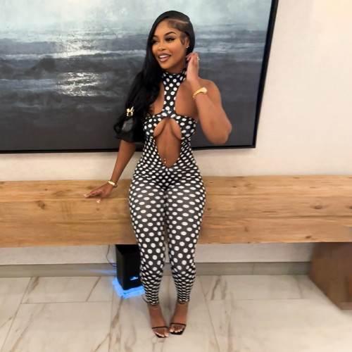 Wave print hanging neck hollow out large backless tight jumpsuit pants