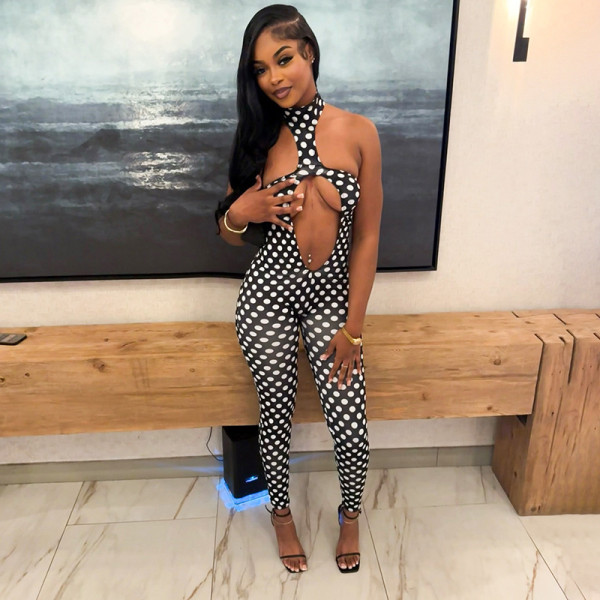Wave print hanging neck hollow out large backless tight jumpsuit pants