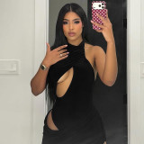 Fake two cross hollow sleeveless waist baring hip hugging jumpsuit short skirts