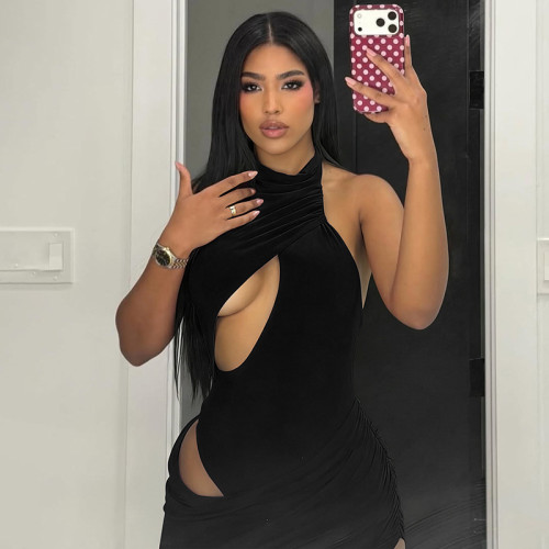 Fake two cross hollow sleeveless waist baring hip hugging jumpsuit short skirts