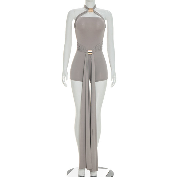 Tie up neck hanging ribbon jumpsuit shorts