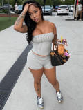 Two piece set of tight shorts with vertical stripes, strapless design, rolled edges, folded waist and head