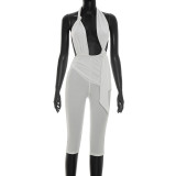 Hanging neck, tie up, knot, exposed back jumpsuit, cropped pants