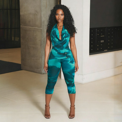Mesh lace up backless halter strap, tight fitting cropped pants two-piece set