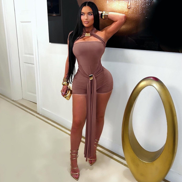 Tie up neck hanging ribbon jumpsuit shorts