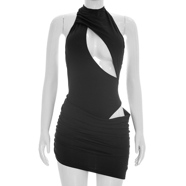 Fake two cross hollow sleeveless waist baring hip hugging jumpsuit short skirts