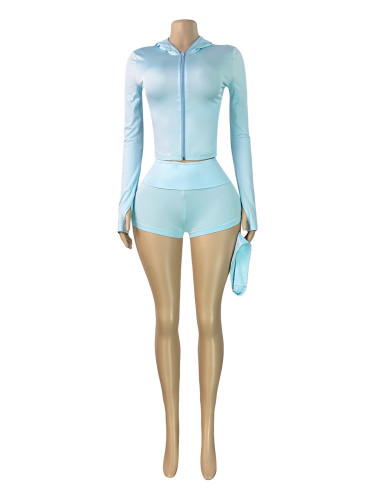 Hooded Zipper Long Sleeve Folding Shorts 3-Piece Set