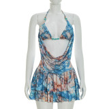 Printed fake two-piece hanging neck top with ruffle edge half skirt two-piece set
