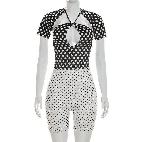 Polka dot print neck tie short sleeved jumpsuit shorts