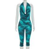 Mesh lace up backless halter strap, tight fitting cropped pants two-piece set