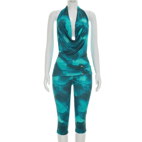 Mesh lace up backless halter strap, tight fitting cropped pants two-piece set