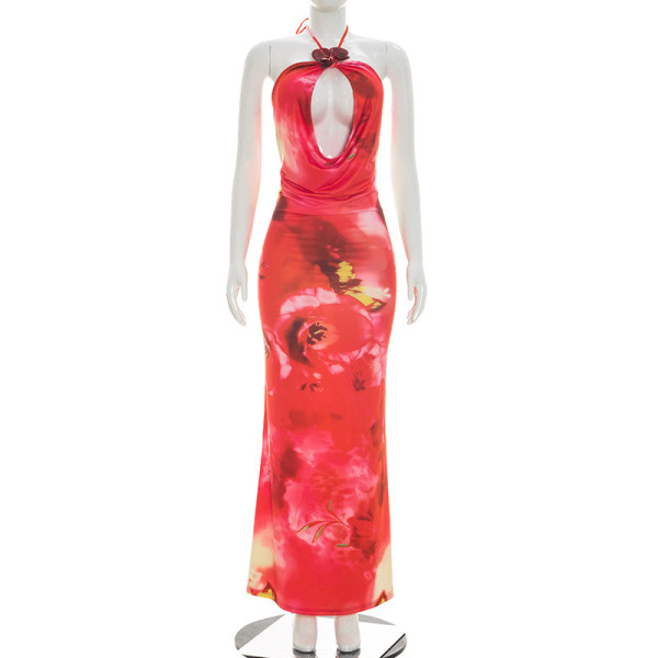 Printed hollow collar hanging neck strap long dress