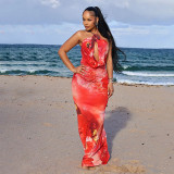 Printed hollow collar hanging neck strap long dress