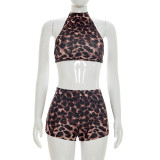 Leopard print hanging neck backless lace up top, tight shorts two-piece set