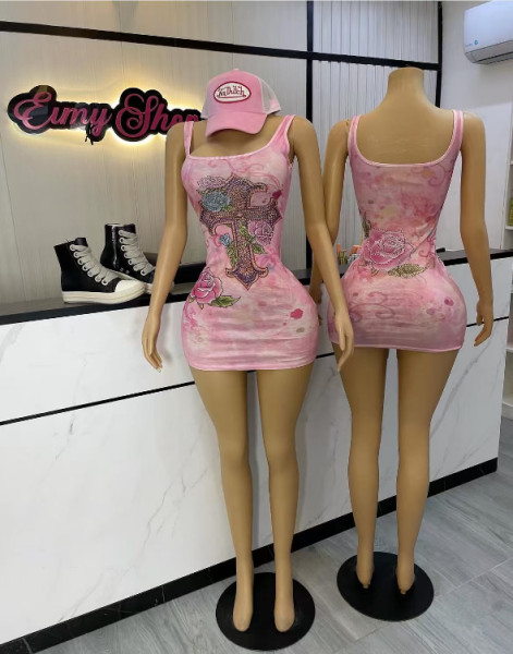 Tie dye rhinestone cross printed vest dress