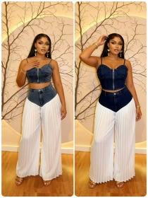 Strap V-neck vest pleated denim chiffon pants set