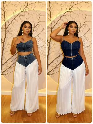 Strap V-neck vest pleated denim chiffon pants set