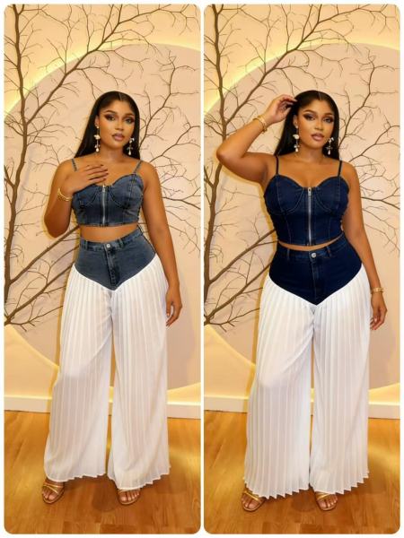 Strap V-neck vest pleated denim chiffon pants set