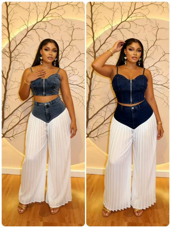 Strap V-neck vest pleated denim chiffon pants set
