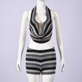Umbilical contrasting suspender top and shorts set