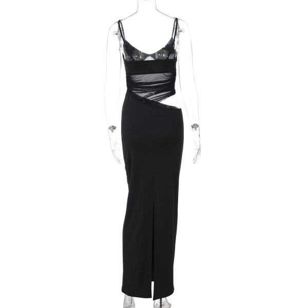 Splicing slit mesh see through suspender dress