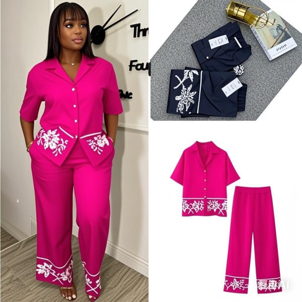 Pocket collar V-neck cardigan shirt straight leg pants embroidered two-piece set