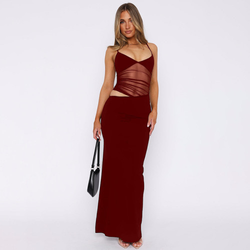 Splicing slit mesh see through suspender dress