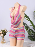 Umbilical contrasting suspender top and shorts set