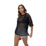 Perspective letter off shoulder sleeve mesh T-shirt