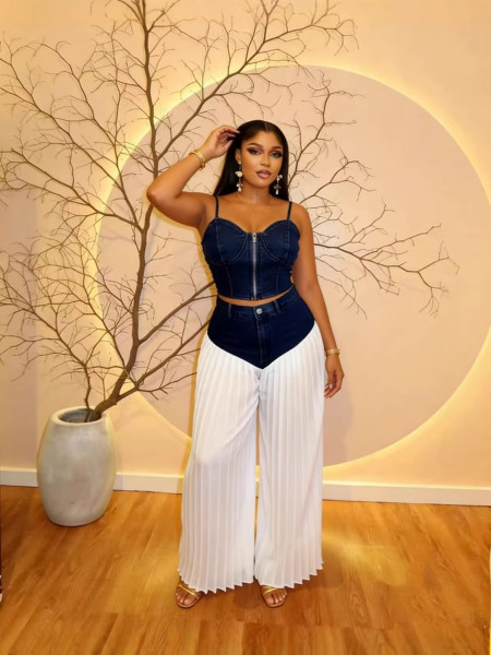 Strap V-neck vest pleated denim chiffon pants set