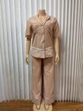 Pocket collar V-neck cardigan shirt straight leg pants embroidered two-piece set
