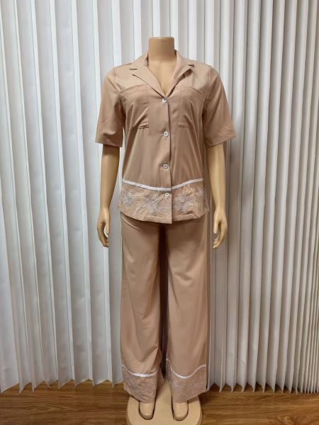 Pocket collar V-neck cardigan shirt straight leg pants embroidered two-piece set