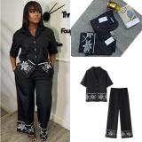 Pocket collar V-neck cardigan shirt straight leg pants embroidered two-piece set