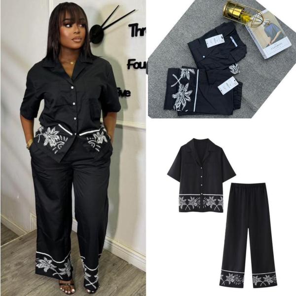 Pocket collar V-neck cardigan shirt straight leg pants embroidered two-piece set