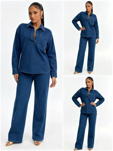 Long sleeved lapel pocket top with tie up straight leg pants two-piece set