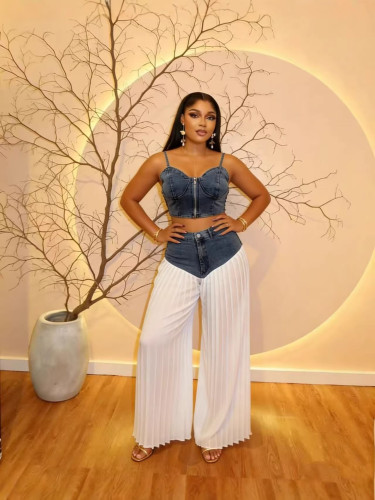 Strap V-neck vest pleated denim chiffon pants set