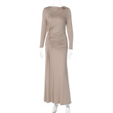 Wrinkled waist cinching irregular long sleeved dress