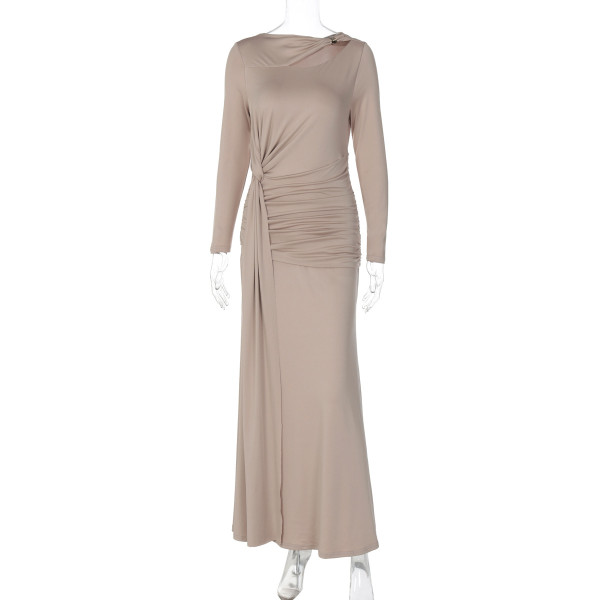 Wrinkled waist cinching irregular long sleeved dress