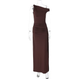 Slant neck sleeveless slit solid color dress