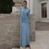 Wrinkled waist cinching irregular long sleeved dress
