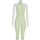 Neck tie, open back, sleeveless elastic hip hugging seven part jumpsuit