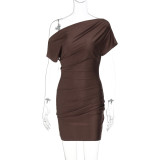Slanted shoulder pleated hip hugging dress