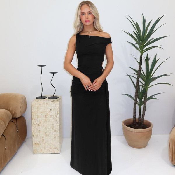 Slant neck sleeveless slit solid color dress