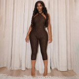 Neck tie, open back, sleeveless elastic hip hugging seven part jumpsuit