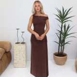 Slant neck sleeveless slit solid color dress